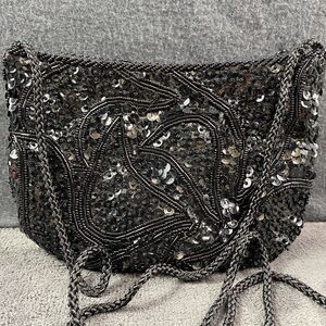 VTG Cocktail Hand Bag Black Beads Sequins Black Fabric Crossbody Cord Party